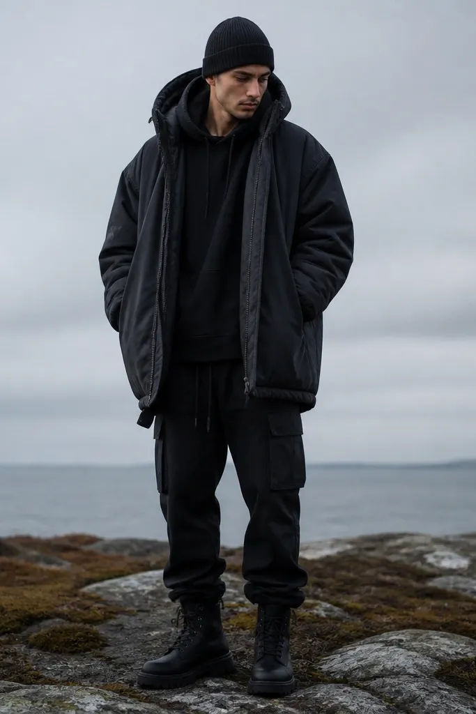 Man wearing a washed black oversized parka with a big hood, matte drawstrings, and a visible inner pocket opening near the chest lining. Under it is a dark hoodie. He has black cargo pants and a beanie. Shoes are black winter boots.