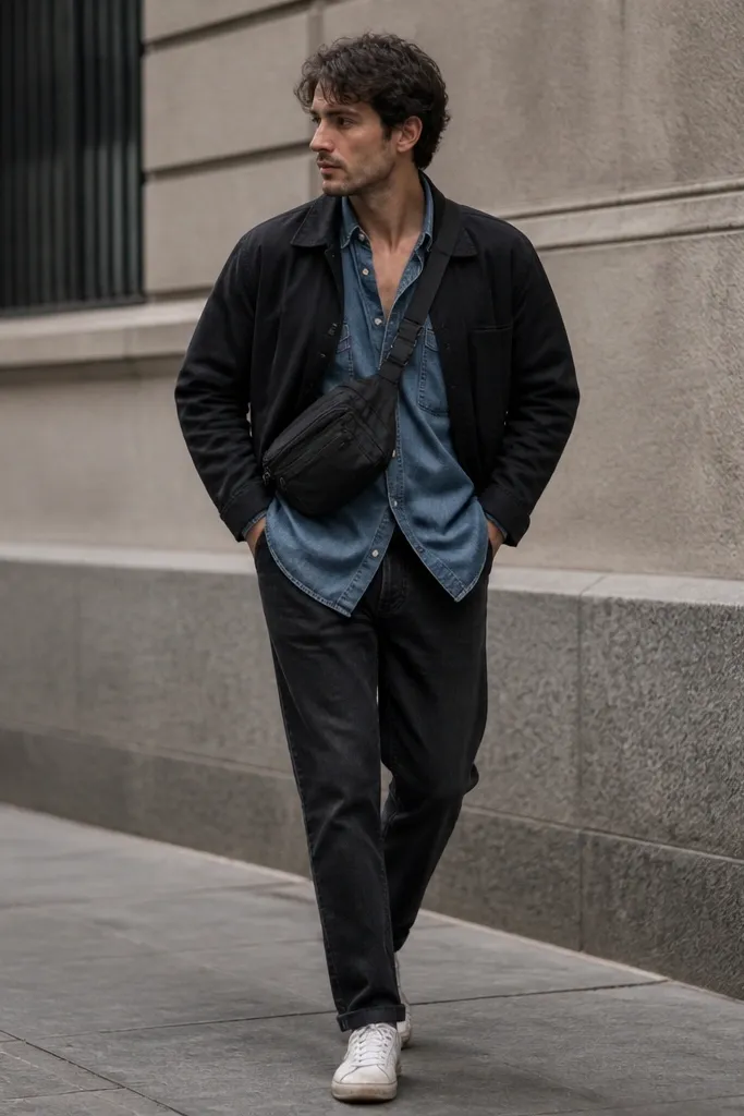 Man wearing a blue denim shirt with a worn collar and open front. Under it is a black utility sling bag worn crossbody low. He also has a black jacket or overshirt open at the top. He wears black jeans and white sneakers with worn soles.