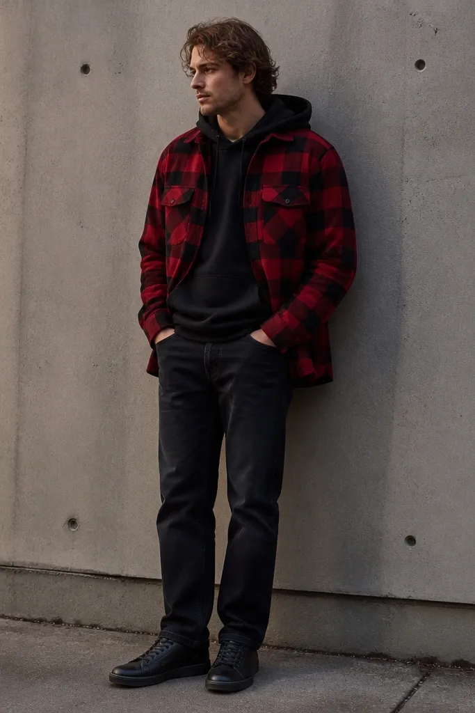 A black pullover hoodie under an open red-and-black buffalo check flannel. The flannel hangs to mid-hip, showing the hoodie hem. Dark straight-leg jeans and black leather sneakers are visible.