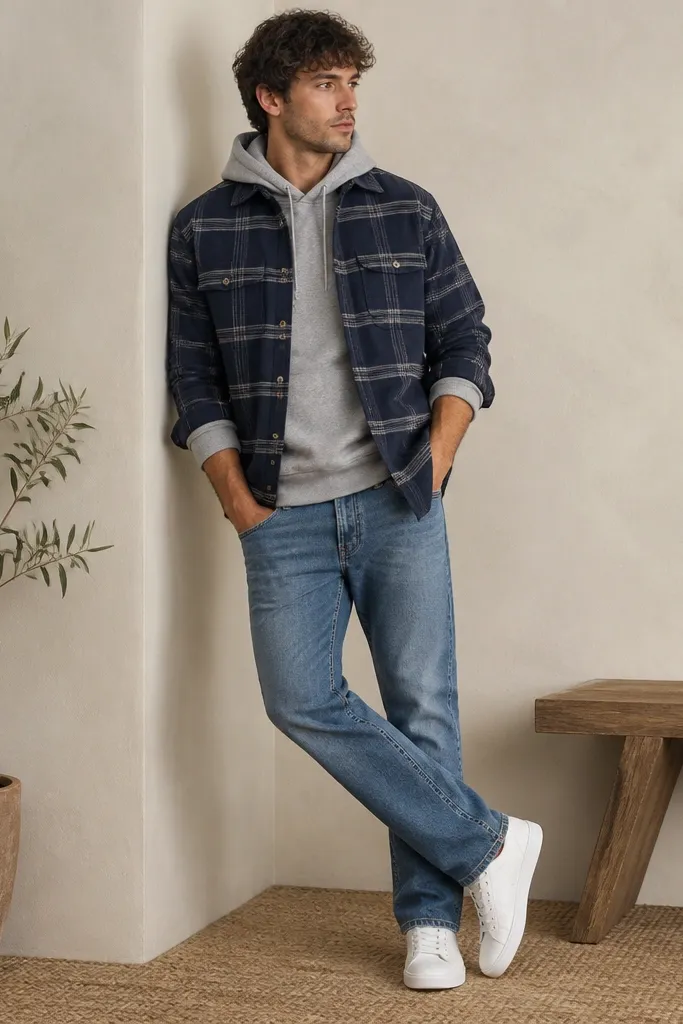 An heather gray hoodie with a navy plaid flannel buttoned at the top two buttons. The flannel is closed enough to show the plaid pattern, with sleeves rolled once. Medium-wash jeans and white low-top sneakers.