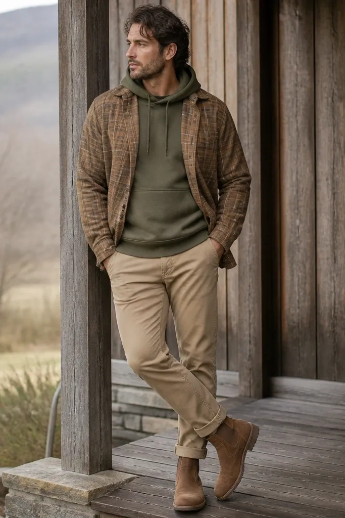 An olive green hoodie under a tan flannel with subtle windowpane lines. The flannel is open, showing the hoodie fully. Khaki chinos and brown suede boots are visible.