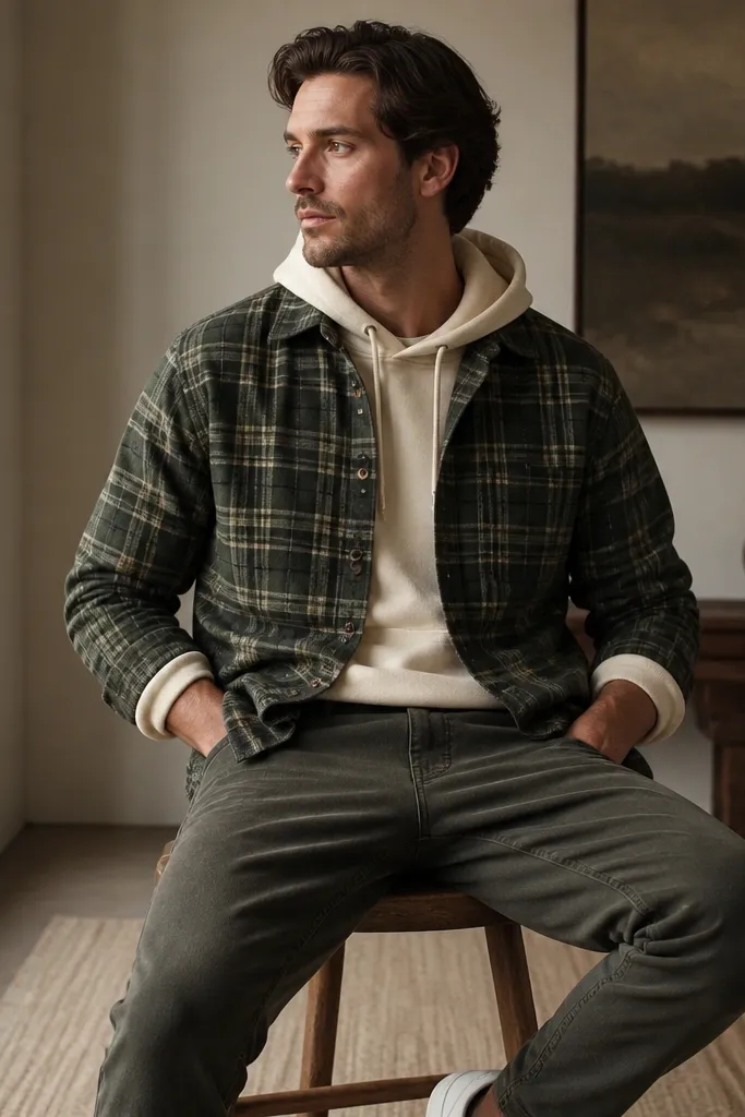 A cream hoodie under a forest green plaid flannel. The flannel is buttoned halfway and the sleeves are rolled to reveal the hoodie cuffs. Dark olive jeans and white sneakers.