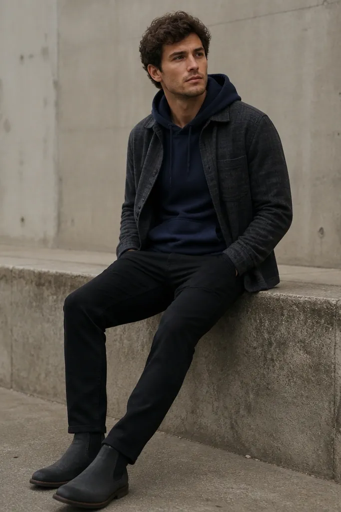 A navy hoodie with a charcoal flannel over it. The flannel is open and the plaid is subtle, not high contrast. Black jeans and dark gray Chelsea boots.