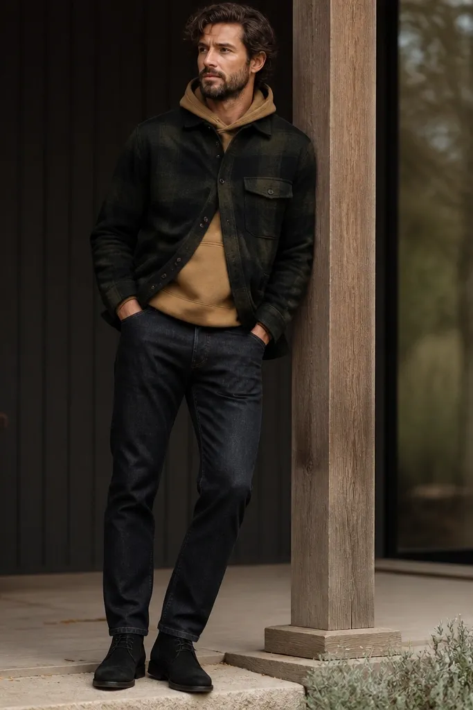 A camel-brown hoodie under a black watch flannel with dark green and black tones. The flannel is buttoned at the top and left open below. Straight-fit dark jeans and black chukkas.