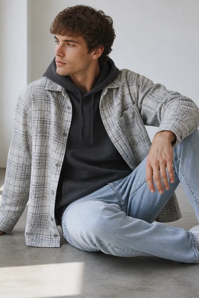 A charcoal gray hoodie with a light gray flannel layered on top, open at the front. The flannel has thin gray lines. Light-wash jeans and white sneakers.