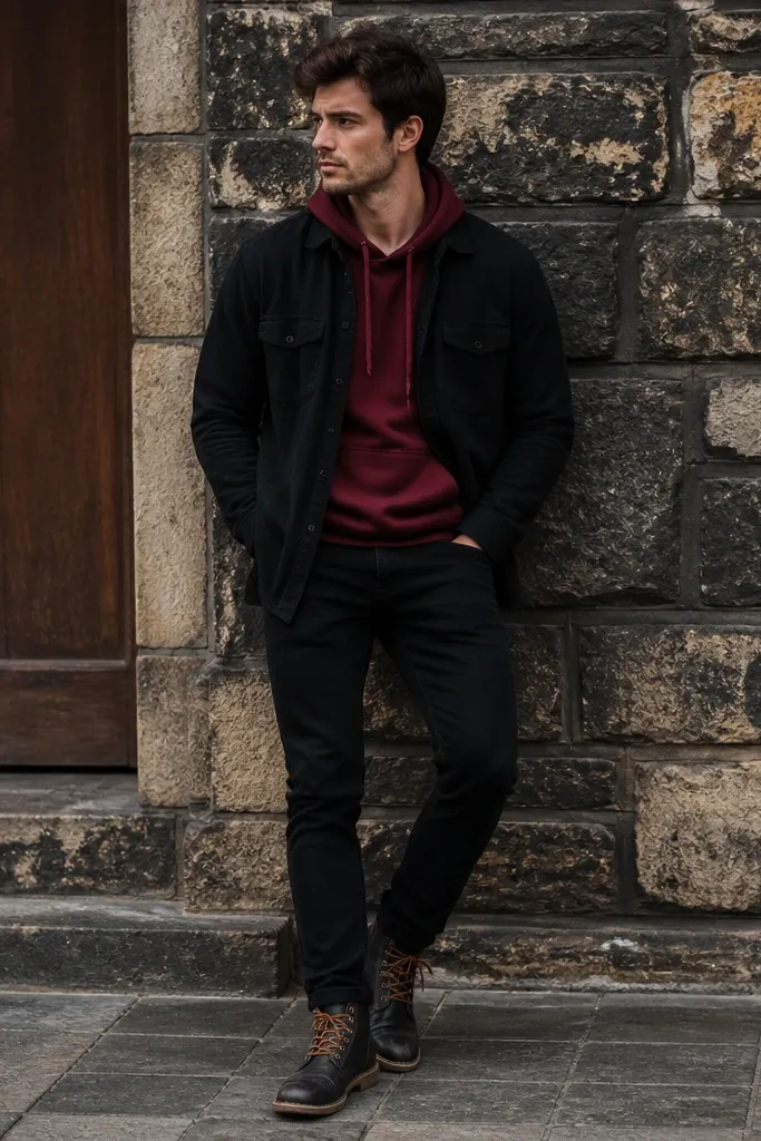 A maroon hoodie under a solid black flannel shirt. The flannel is open, and the maroon hood and drawstrings show clearly. Black jeans and black-and-brown boots.