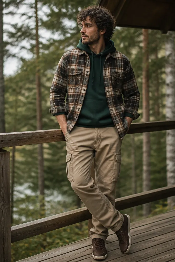 A forest green hoodie under a plaid flannel with muted browns and cream lines. The flannel is partially buttoned and the sleeves are rolled. Tan cargo pants and dark brown sneakers.