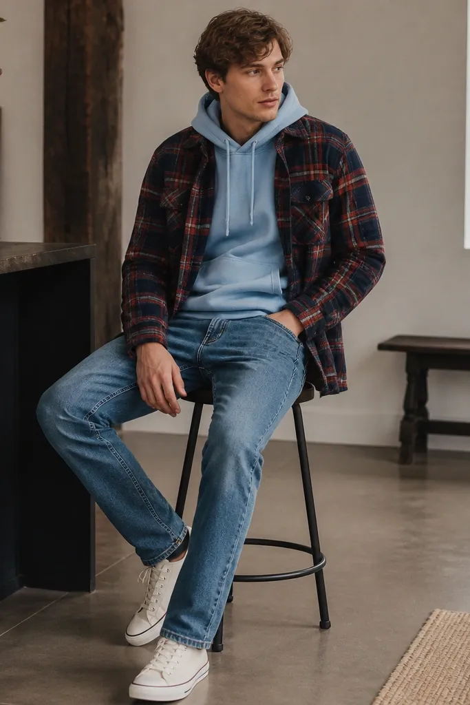 A light blue hoodie under a flannel with navy base and red accents. The flannel is open and the hoodie color shows through. Medium-wash jeans and white canvas sneakers.