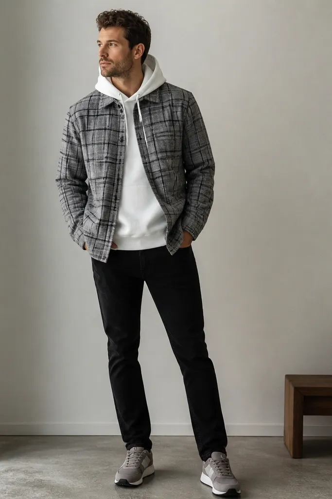 A white hoodie under a gray flannel with black line pattern. The flannel is buttoned at the top and open below. Black jeans and gray sneakers.