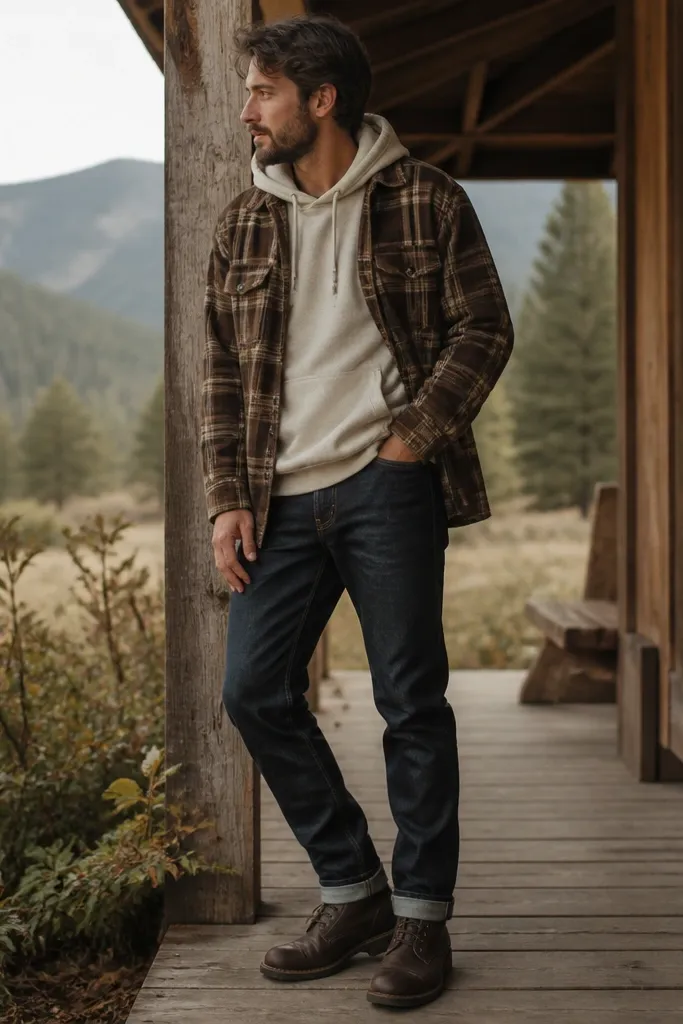 An oatmeal hoodie under a brown plaid flannel. The flannel is open with slightly longer length. Dark brown work boots and dark denim jeans.
