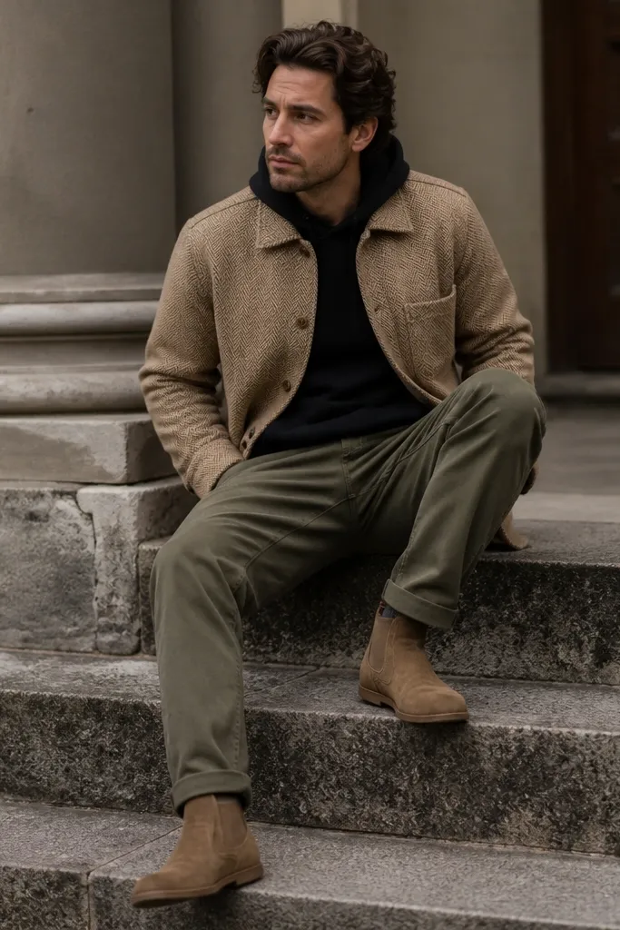 A black hoodie under a tan flannel with a herringbone pattern. The flannel is buttoned at the top and open below. Olive chinos and tan suede boots.