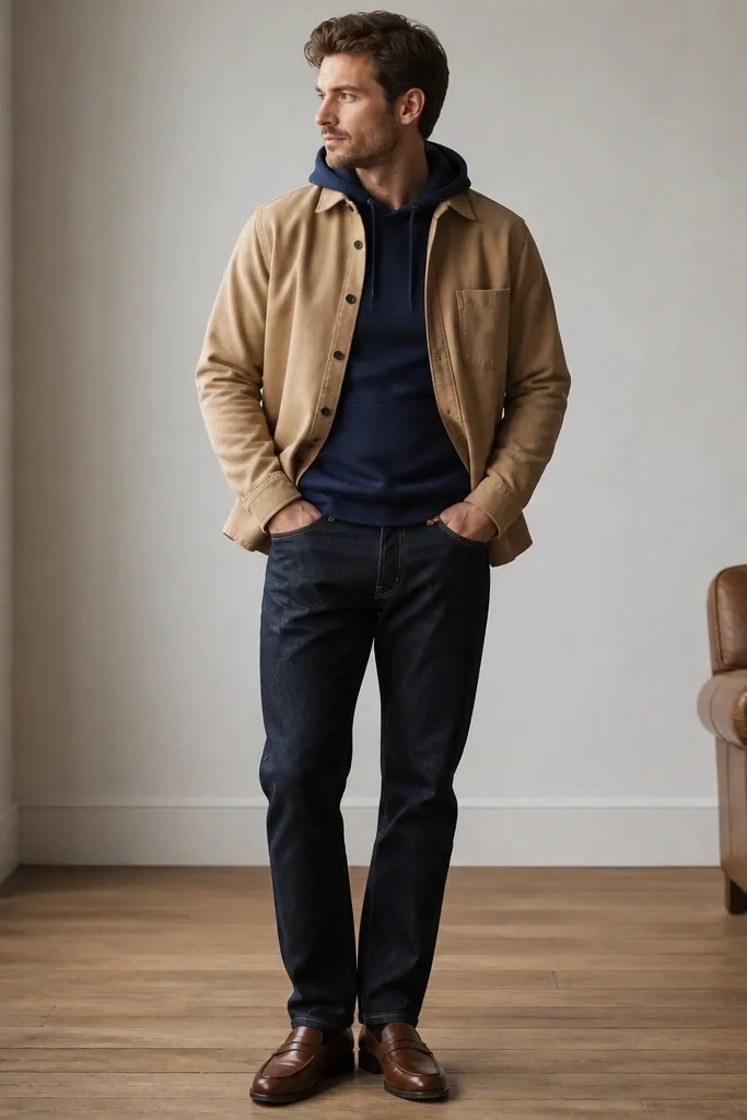 A navy hoodie under a camel flannel shirt with dark buttons. The flannel is open and the button placket is visible. Dark jeans and brown leather loafers.