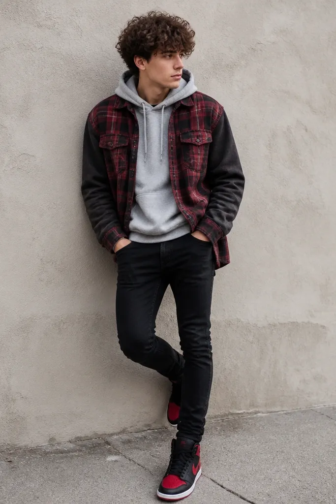 A gray hoodie under a red plaid flannel that has darker sleeves. The flannel is open, showing the hoodie. Black skinny jeans and black-and-red sneakers.