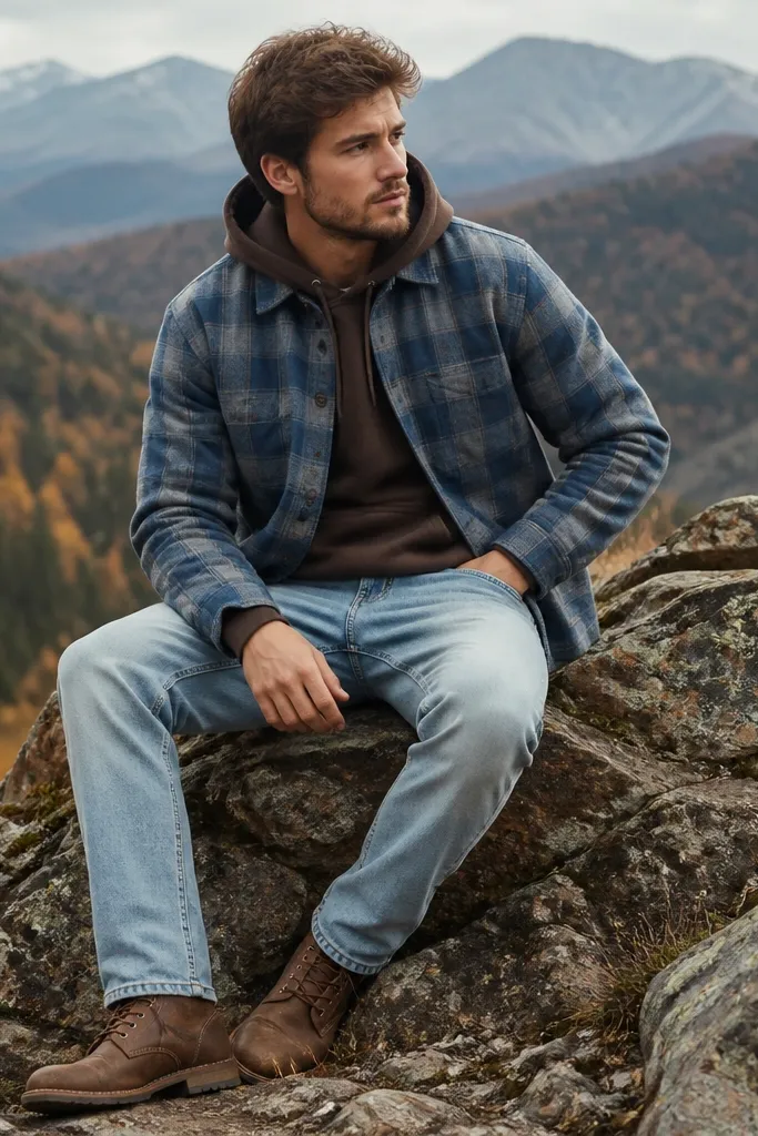 A brown hoodie under a faded blue flannel. The flannel is buttoned at the top two buttons and open below. Light-wash jeans and brown leather boots.