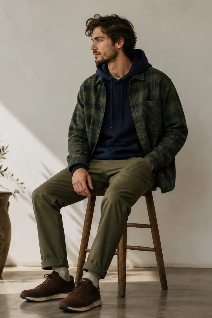 A navy hoodie under a green flannel with subtle checks. The flannel is open and the hood is visible. Olive pants and dark brown sneakers.
