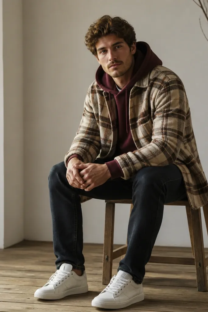 A maroon hoodie under an oatmeal plaid flannel with darker brown lines. The flannel is open, showing the maroon hood. Dark jeans and white sneakers.