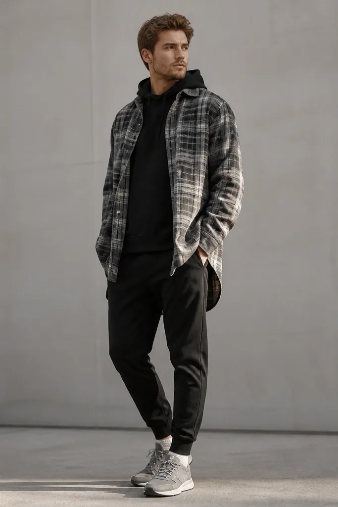 A black hoodie under a gray plaid flannel with a longer back hem and shorter front hem. The flannel is open. Black joggers or tapered pants and gray sneakers.