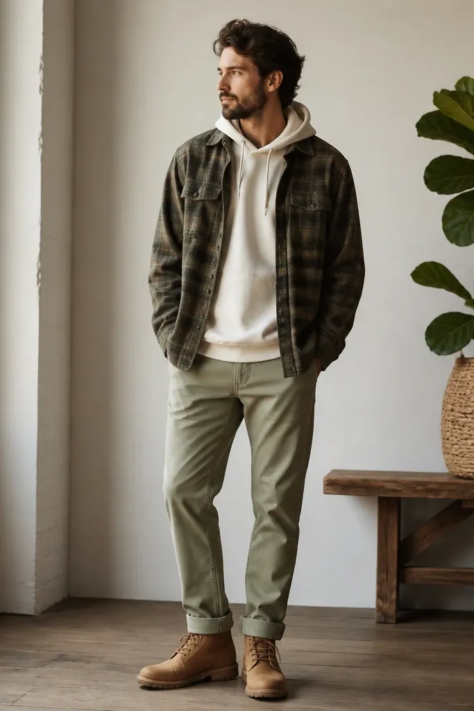 A white hoodie under an olive flannel with worn plaid. The flannel is open and the fabric looks slightly faded. Light olive chinos and tan boots.