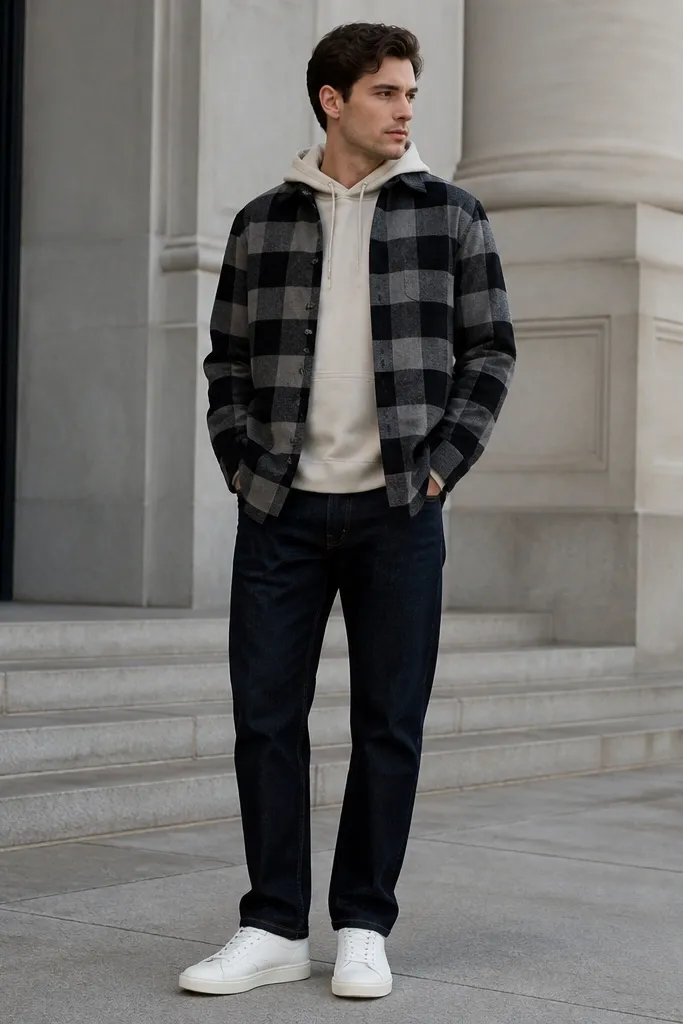 A man wearing a cream hoodie with the hood visible, a black-and-gray plaid flannel worn open over it, only the top button fastened. Dark straight-leg jeans and white leather sneakers complete the look.