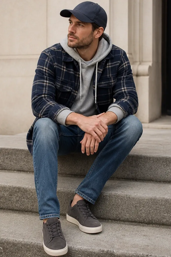 Heather gray hoodie under a navy plaid flannel, flannel sleeves rolled once. Medium-wash jeans and dark gray suede sneakers. A simple baseball cap sits on the head.