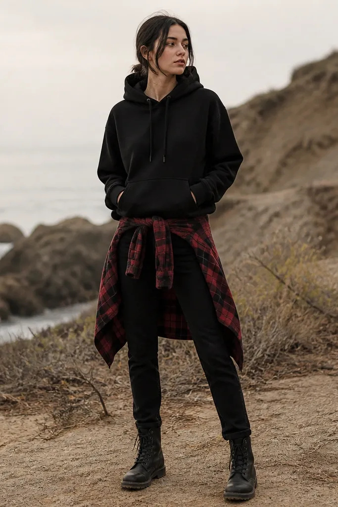 A black hoodie with the hood visible, a red-and-charcoal plaid flannel tied around the waist. Slim black jeans and black boots. The flannel knot sits at the natural waist.