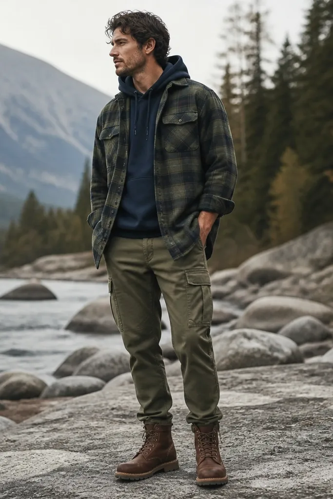 A navy hoodie under a green flannel worn open. The flannel hem reaches mid-hip, sleeves rolled once. Olive cargo pants and brown leather lace-up boots.