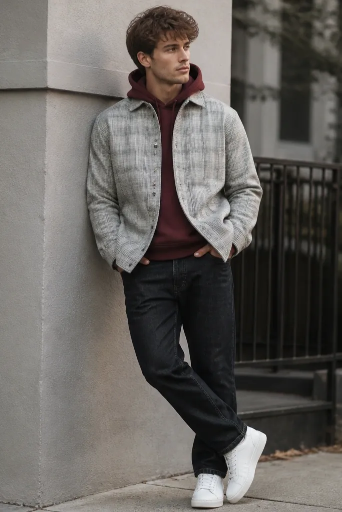 Oxblood hoodie under a light gray flannel. The flannel is buttoned from the top down about half way, leaving the lower half open. Dark jeans and white sneakers.