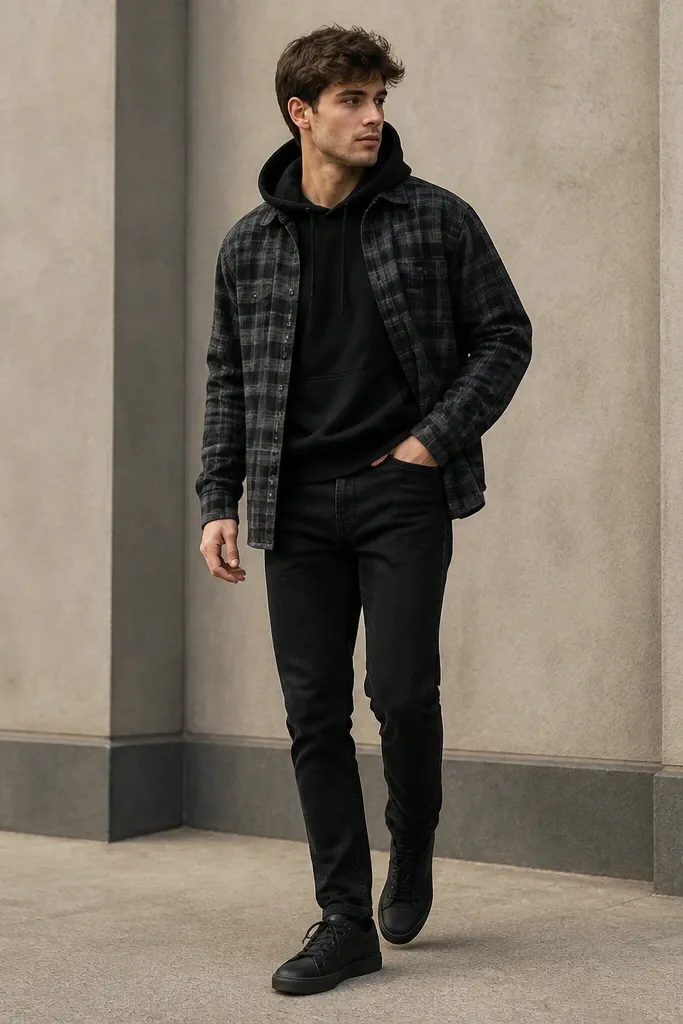 Black hoodie with charcoal plaid flannel worn open. Black denim jeans, black sneakers with a matte finish. No cap, just a clean look.