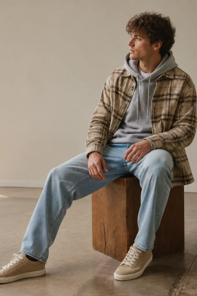 Gray hoodie under a tan flannel worn open. A white crewneck tee peeks out at the collar. Light-wash jeans and tan suede sneakers.