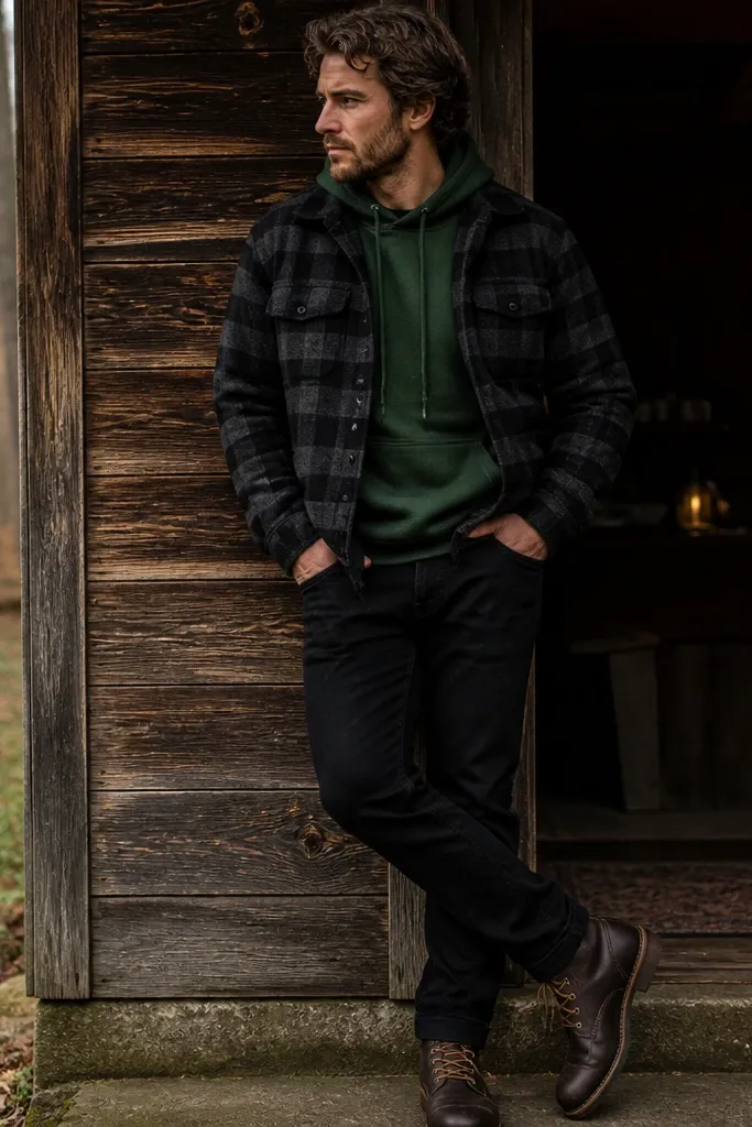 Forest green hoodie under black flannel. The flannel is open with straight front edges. Black jeans and dark brown work boots.