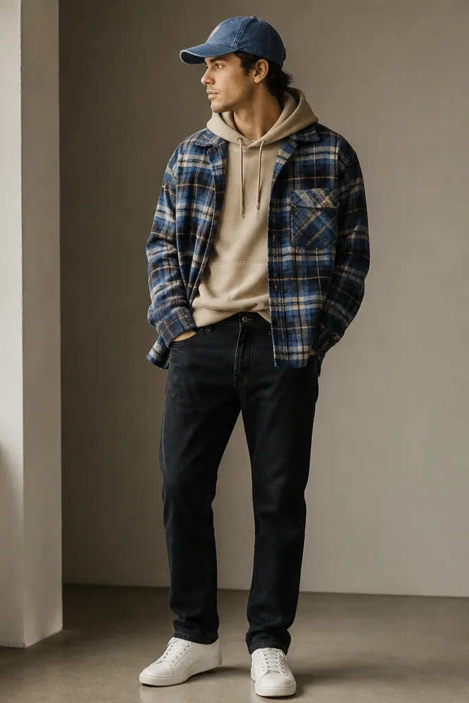 Tan hoodie half-tucked into dark jeans, with blue plaid flannel open over it. White low-top sneakers and a denim cap.