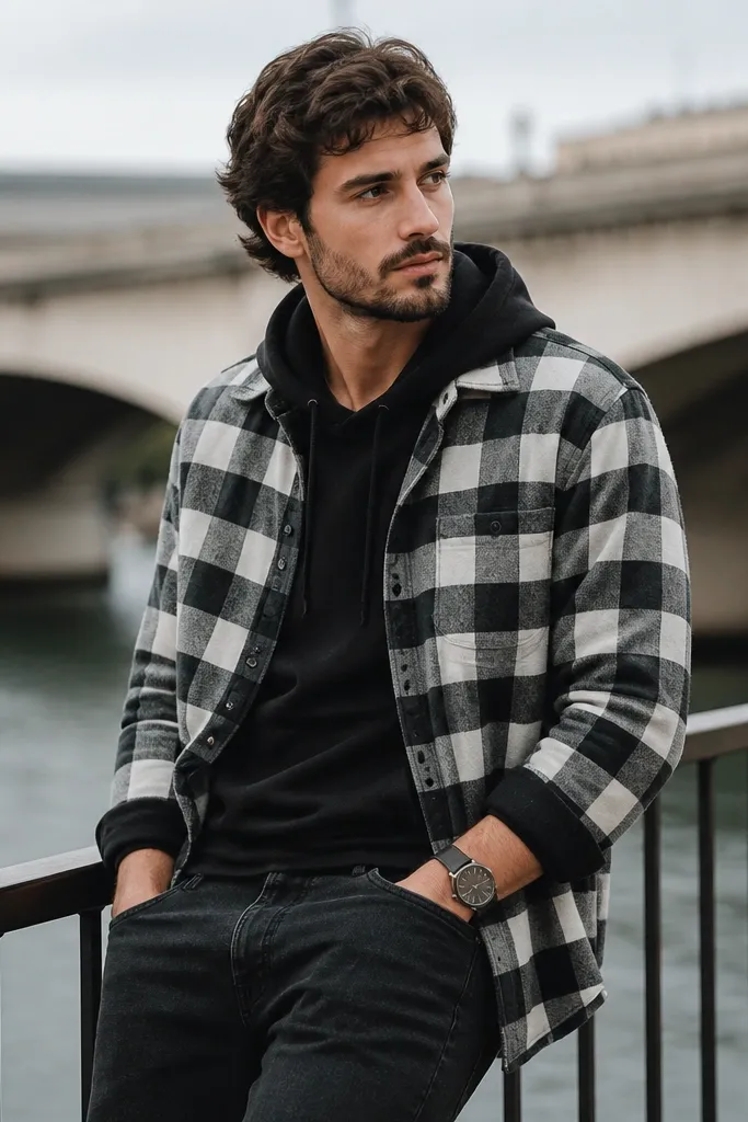 Black hoodie under a black-and-white checker flannel worn open. Flannel sleeves rolled once, showing the hoodie cuffs. Black jeans and black leather watch visible.