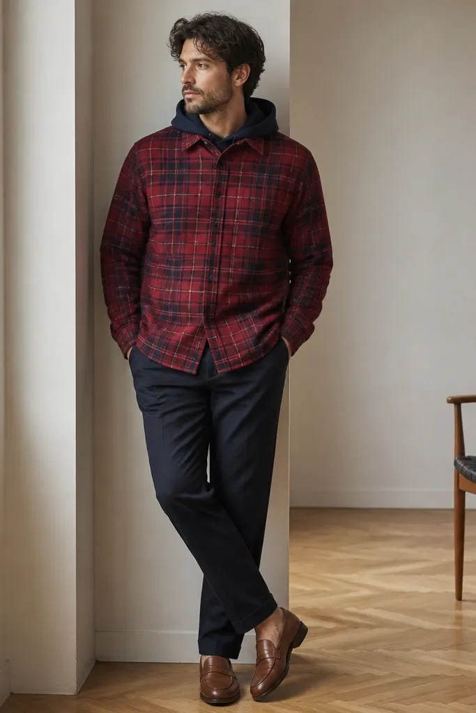 Navy hoodie under a red flannel overshirt that is fully buttoned. The hoodie hood is visible above the collar line. Dark chinos and brown loafers.