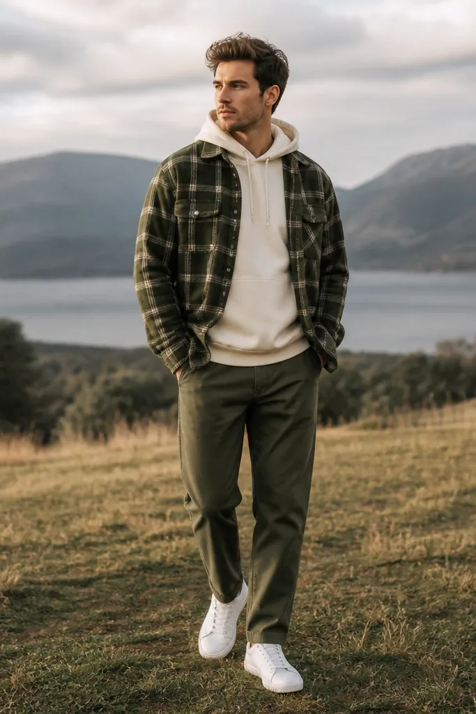 Cream hoodie under green plaid flannel worn open, sleeves left down (no rolling). Olive pants and white sneakers.