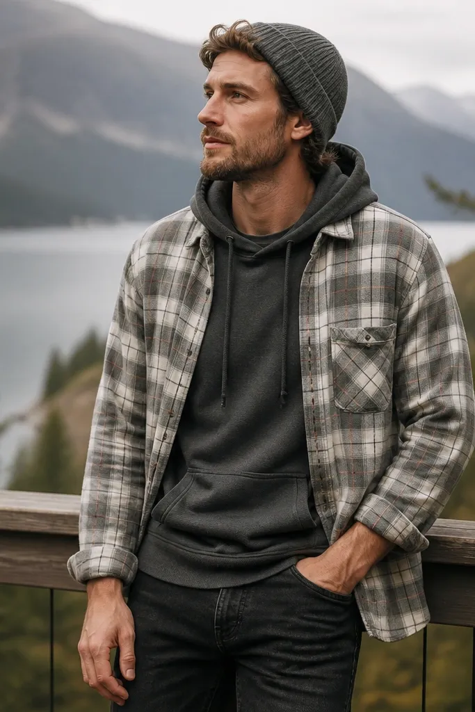 Charcoal hoodie under light gray flannel plaid, worn open. Sleeves rolled once. Dark jeans and a gray knit beanie.