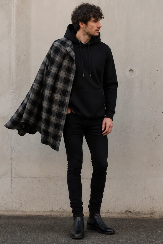 A black hoodie with flannel draped over one shoulder like a cape. The flannel is open at the front, one side hanging longer. Slim black jeans and black boots.