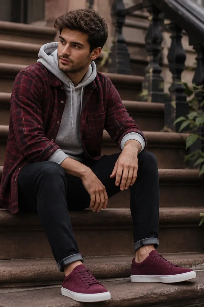 Heather gray hoodie under burgundy flannel worn open. Flannel sleeves rolled once. Dark jeans and burgundy suede sneakers.