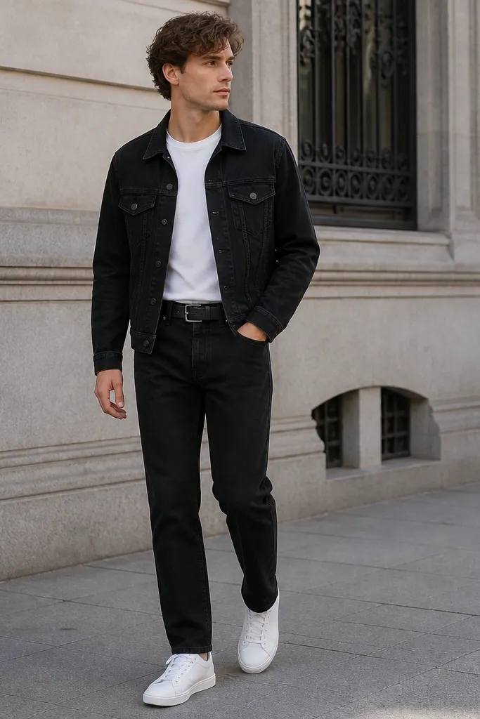 A black denim jacket worn over a plain white crewneck tee, paired with black straight-leg jeans. The model wears clean white low-top sneakers and a simple black leather belt. Background is a neutral street setting with daylight.