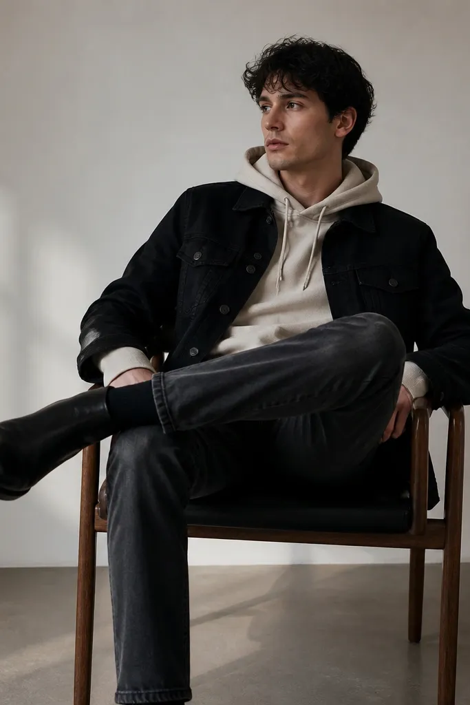 A black jeans jacket layered over a cream hoodie, paired with charcoal slim jeans. The outfit includes black leather boots with a slight heel and black socks. The jacket collar is visible over the hoodie neckline.