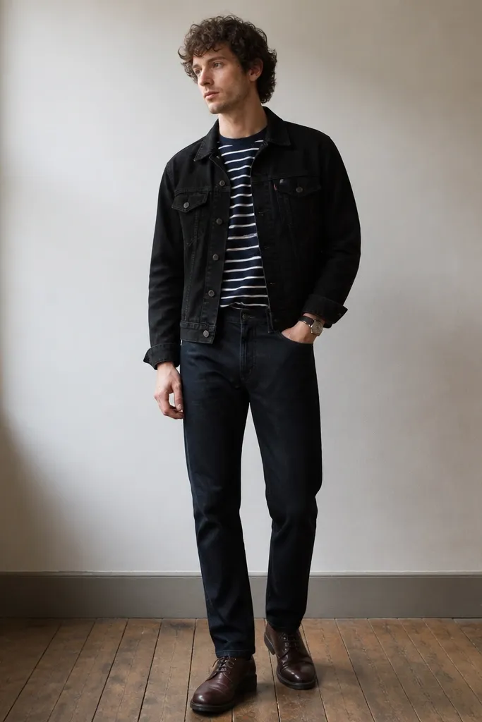 The black jeans jacket is worn open over a navy-and-white striped crewneck tee. The jeans are dark blue-black, straight cut. The model wears dark brown lace-up shoes and a simple metal watch.