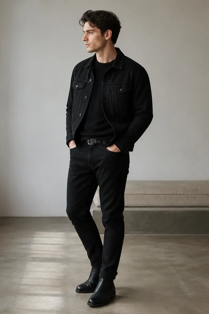 A black jeans jacket layered over a black knit crewneck sweater. The jeans are black, tapered. The model wears black Chelsea boots and a matte black belt.