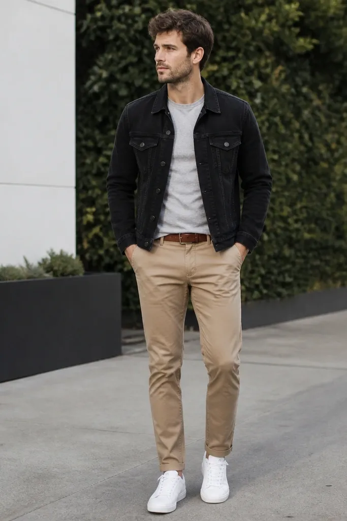 A black jeans jacket worn over a light grey tee, paired with tan chinos. The model wears white sneakers and a tan or brown belt. The look is photographed outdoors in daylight.