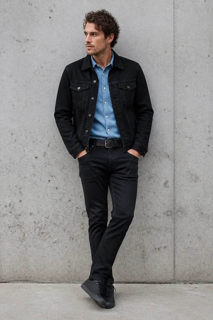 A black jeans jacket worn over a light blue denim button-up shirt. The jeans are black or very dark wash. The model wears dark sneakers and a black belt.