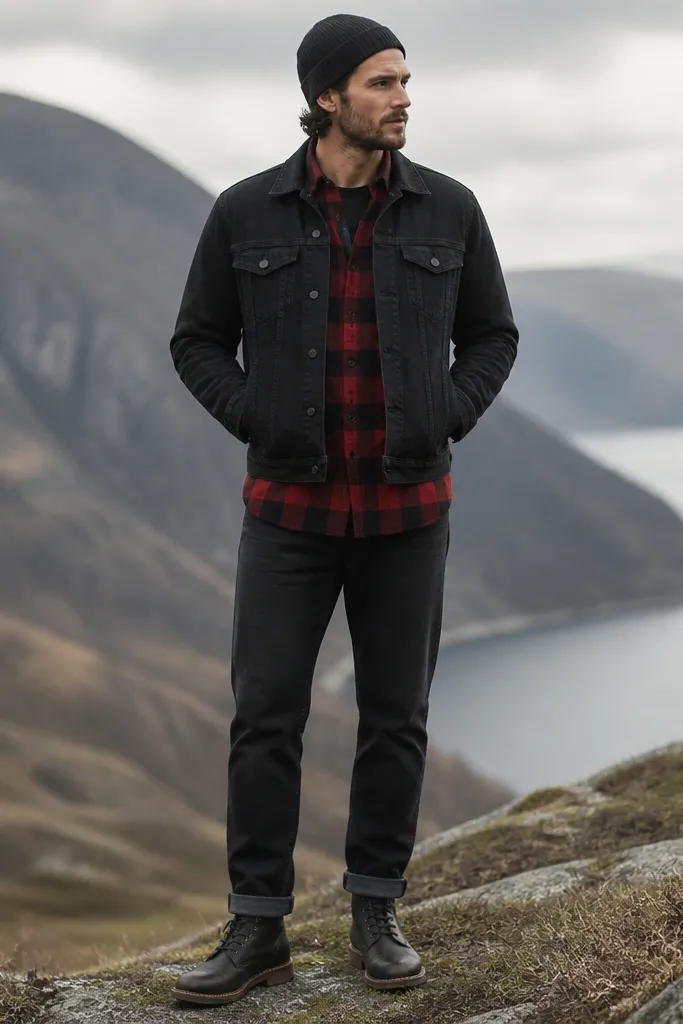 A black jeans jacket worn over a red-and-black plaid flannel shirt. The jeans are dark and straight. The model wears black work boots and a knit beanie.