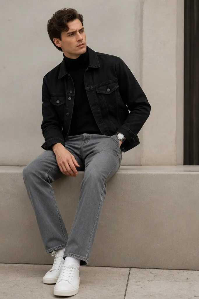 A black jeans jacket worn over a black turtleneck. The jeans are medium grey, straight cut. The model wears white sneakers and a silver watch.