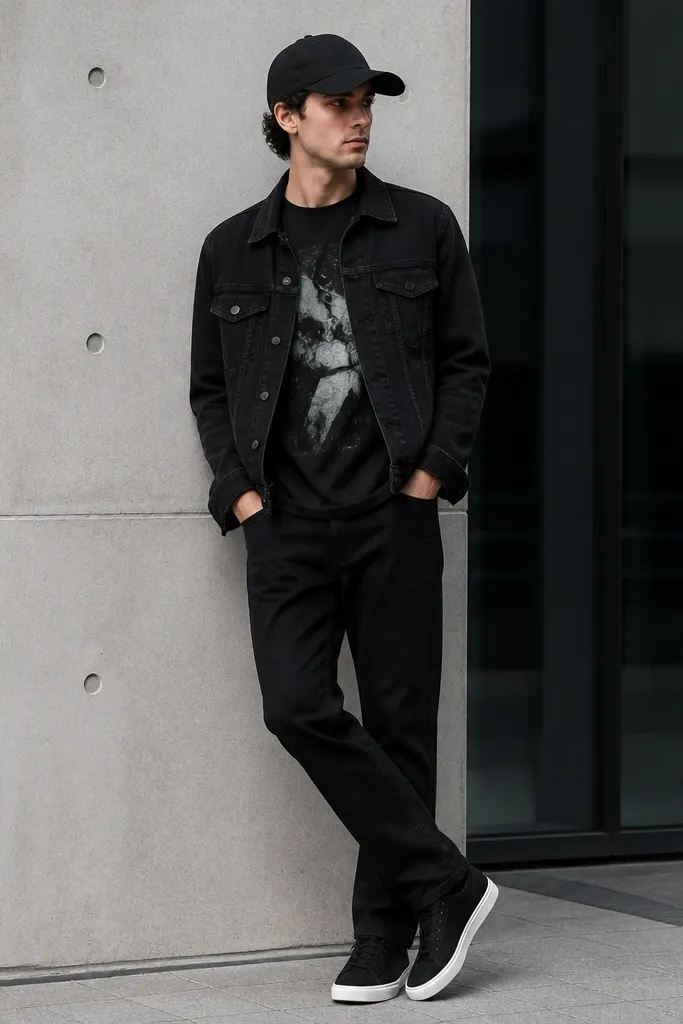 A black jeans jacket worn over a black graphic crewneck tee. The jeans are black straight-leg. The model wears a black baseball cap and black sneakers with white soles.