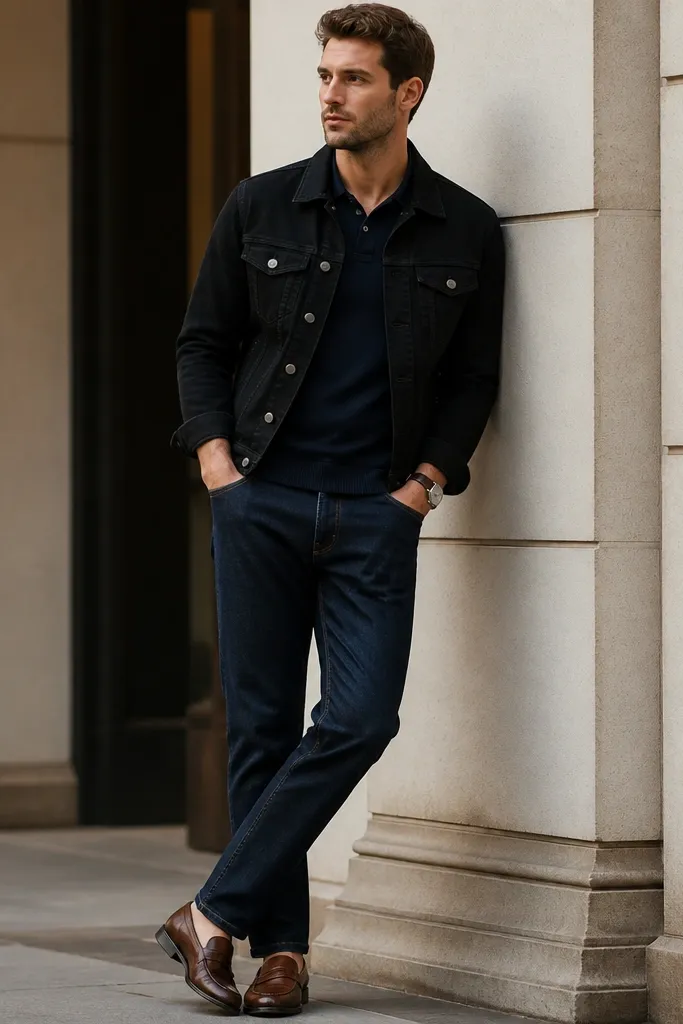 A black jeans jacket layered over a navy knit polo shirt. The jeans are dark wash with a straight fit. The model wears brown leather loafers and a simple watch.