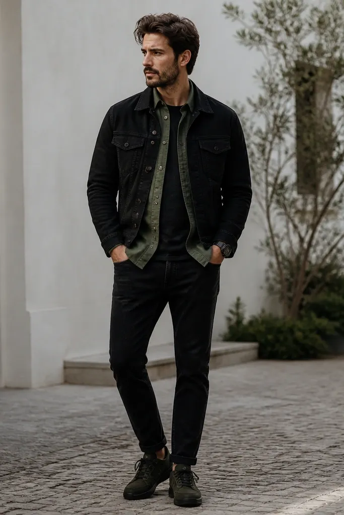 A black jeans jacket worn over an olive overshirt. The jeans are black and slightly tapered. The model wears dark green or black sneakers and a utility-style watch.