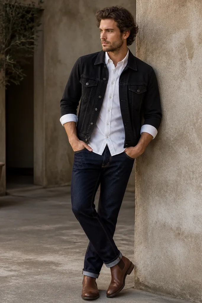A white button-down shirt worn under a black jeans jacket with sleeves rolled to mid-forearm. The jeans are dark indigo. The model wears brown leather boots.