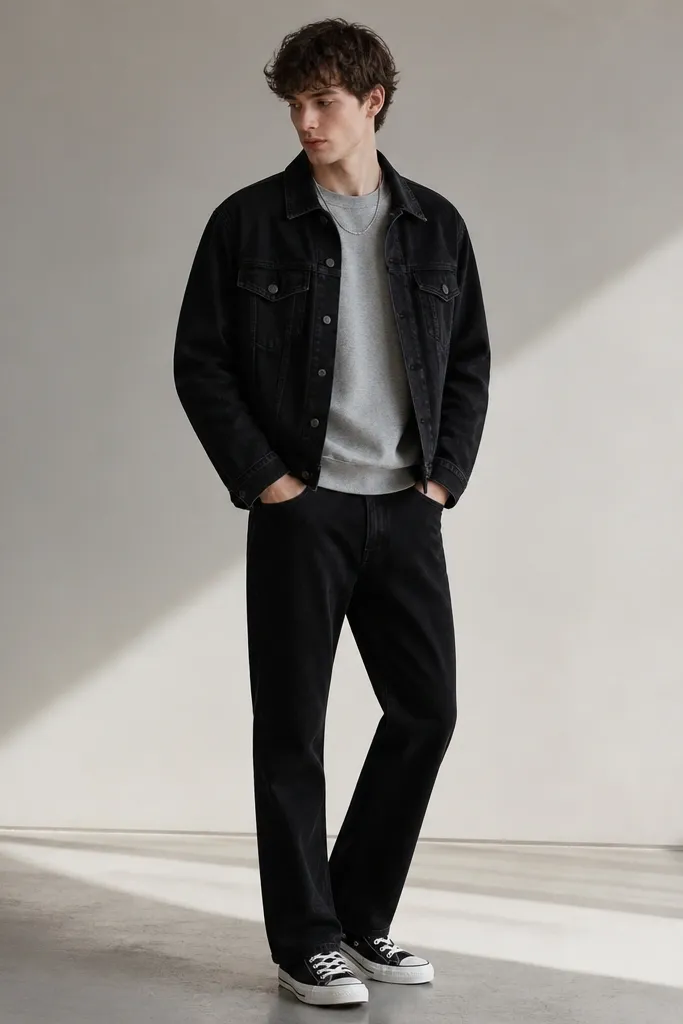 A black jeans jacket worn over a heather grey sweatshirt. The jeans are black straight-leg. The model wears black-and-white sneakers and a simple chain necklace.